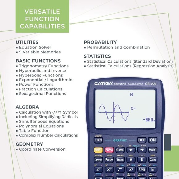 Catiga CS-229 Scientific Calculator With Graphic Functions & Over 360 Features - Picture 4 of 9